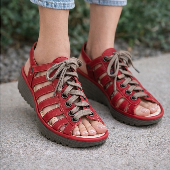 Fly London Shoes - Red Fly London Lace-Up Sandals with Cut-Out Design